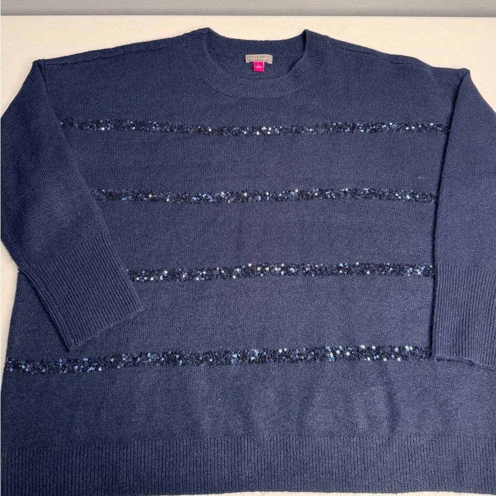 Vince Camuto Midnight Blue Sweater with Subtle Sequined Stripes - Picture 11 of 12